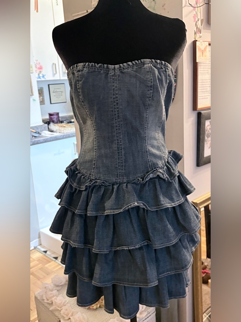 Boom Boom Jeans Strapless Ruffled Denim Dress - Blue